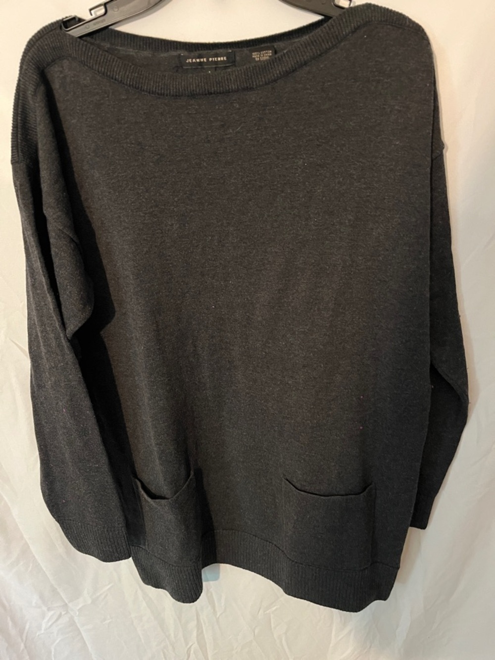JEANNE PIERRE Grey Oversized Cotton Knit Pocket Pullover Sweater